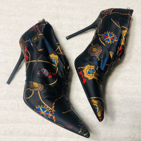 ZARA Black Ankle Boots Multi Scarf Print Satin Bootie Heels. Size 36 - Picture 6 of 14